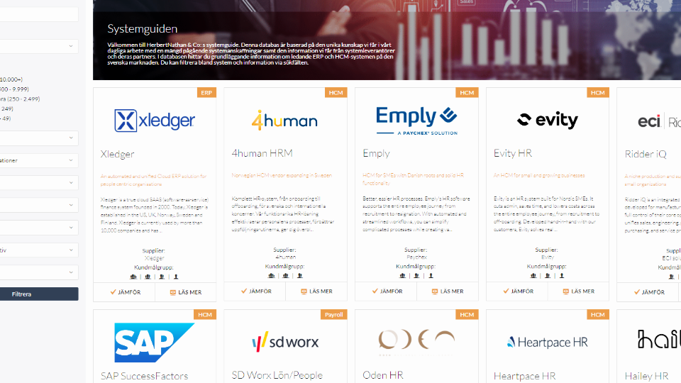 Skärmbild av en websida med systemguider och logotyper för olika affärssystem, till exempel Xledger och 4human.