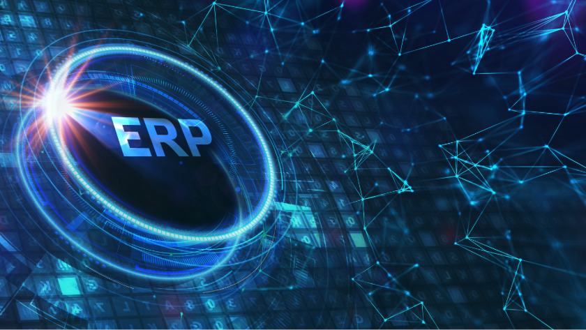 Digital illustration of a blue button with the text ERP surrounded by light effects and network lines.