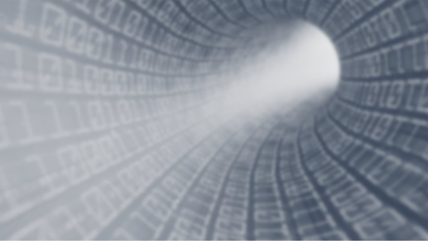 A blurry tunnel filled with binary ones and zeros, light is visible at the end of the tunnel.