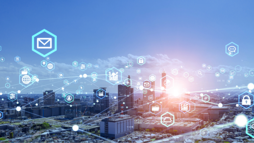 City skyline with digital icons and network lines, the sun rises over the city, technology theme.