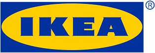 Ikea-logotyp med blå text på gul oval och blå bakgrund.