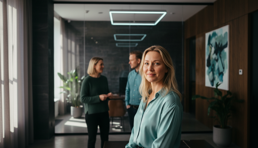Kvinna i blå blus ler mot kameran, två personer samtalar i bakgrunden på ett modernt kontor.