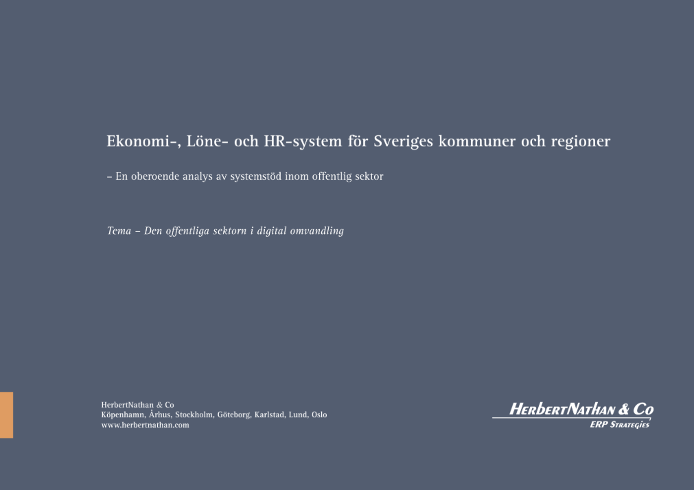 Omslagsbild för en rapport om ekonomi-, löne- och HR-system för Sveriges kommuner och regioner.