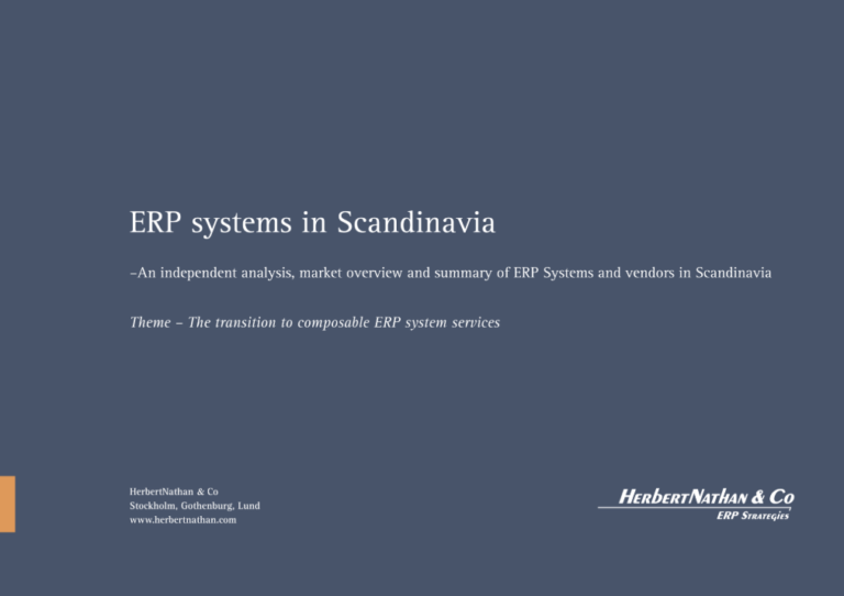 Omslagsbild för rapporten "ERP systems in Scandinavia" av HerbertNathan & Co, med företagslogotyp och kontaktuppgifter.