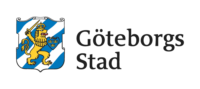 Göteborgs Stad-logotyp med blåvit sköld och gul lejonfigur bredvid svart texten "Göteborgs Stad".