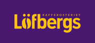 Löfbergs Kafferosteriet logotyp i gul text på lila bakgrund.