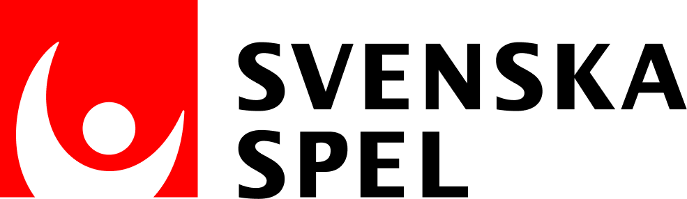 Logo för spelbolaget Svenska Spel, röd bakgrund med vitt stiliserat människa och svart text till höger.