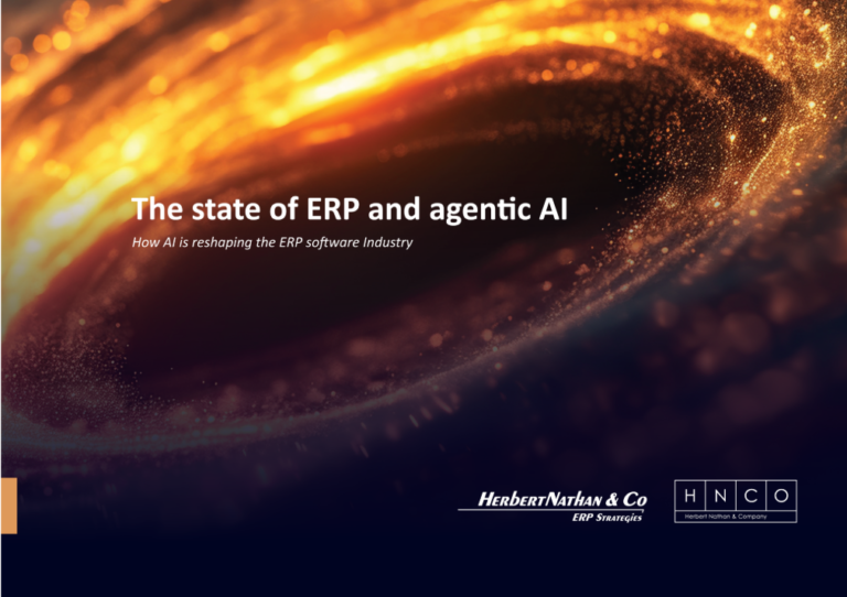 Title: "The state of ERP and agentic AI", text about AI and ERP, dark background with light orange swirl.