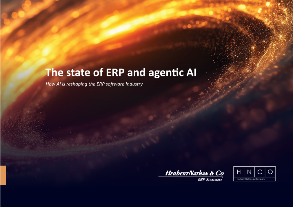 Titel: "The state of ERP and agentic AI", text om AI och ERP, mörk bakgrund med ljus orange virvel.
