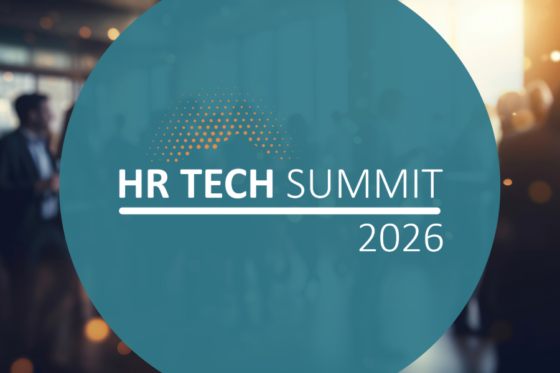 Blue circle with the text "HR TECH SUMMIT 2026", blurry silhouettes of people in the background.