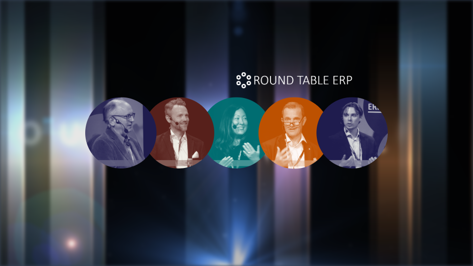 Fem personer i färgade cirklar med texten "Round Table ERP" mot en mörk bakgrund.