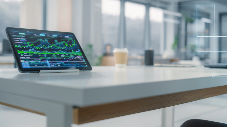 Surfplatta med färgglada finansdiagram på ett vitt skrivbord på modernt kontor, kaffekopp i bakgrunden.