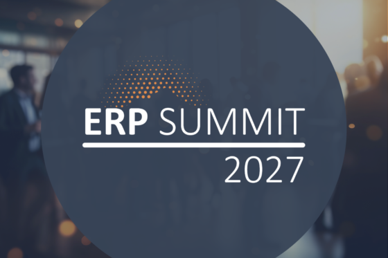 Grafik för konferensen ERP Summit 2027, med logotyp mot en suddig konferensmiljö.