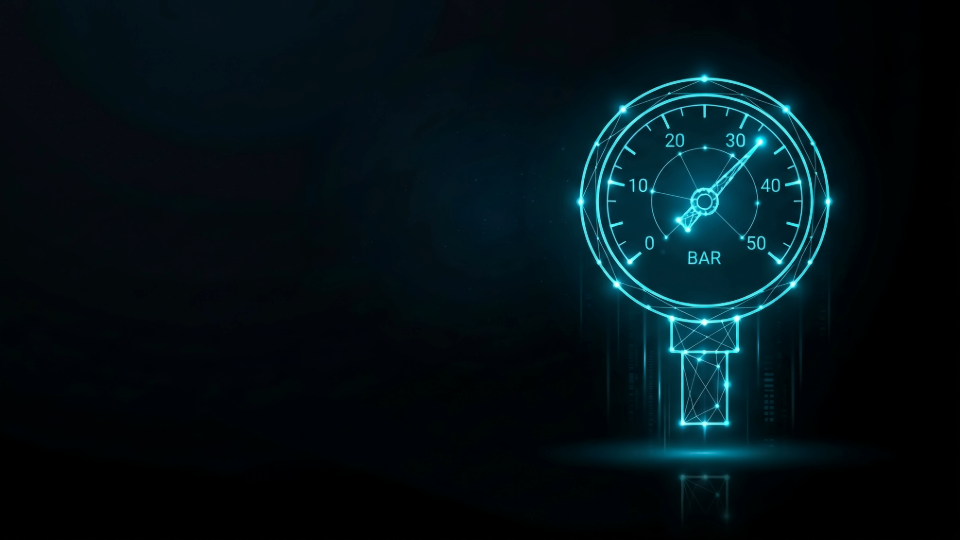 Digital illustration av en tryckmätare i blått ljus, visar cirka 32 bar, mot mörk bakgrund.