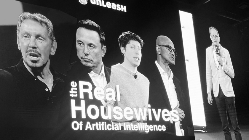 Svartvit konferensbild med AI-profiler och texten ”The Real Housewives of Artificial Intelligence”.